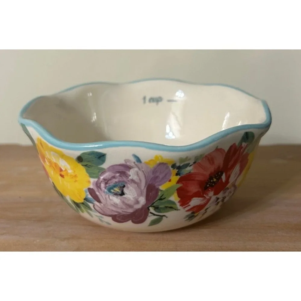 Pioneer Woman Nesting Measuring Bowls Set 2 Floral Stoneware 1 Cup 1/2 Cup